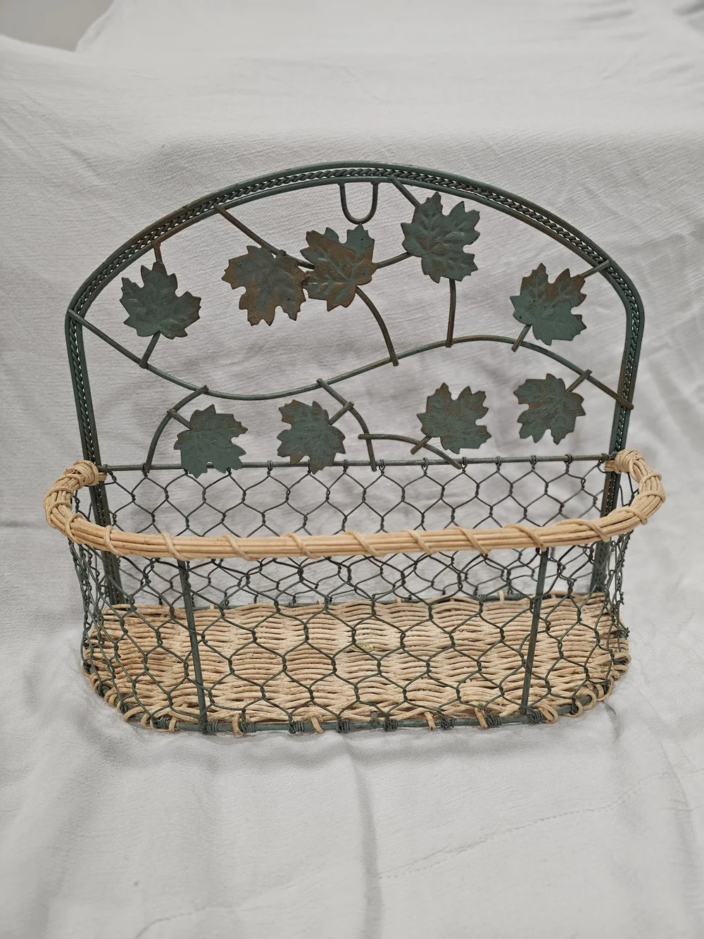 Vintage 90s Metal & Wicker Ivy Wall Basket Pocket Planter Rustic Cottagecore